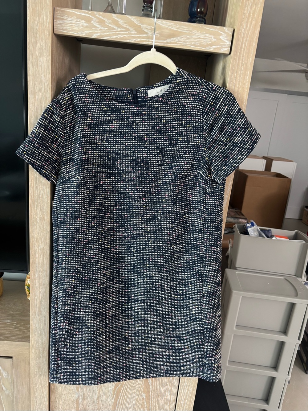 LOFT Navy Tweed Short-Sleeve Shift Dress